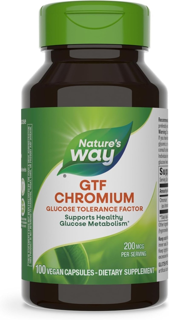 Senso di natura GTF Chromium, Fattore di tolleranza al glucosio, Supporta il metabolismo sano del glucosio*, 200 mcg Chromium per porzione, 100 capsule vegane (varia di maggio di imballaggio)