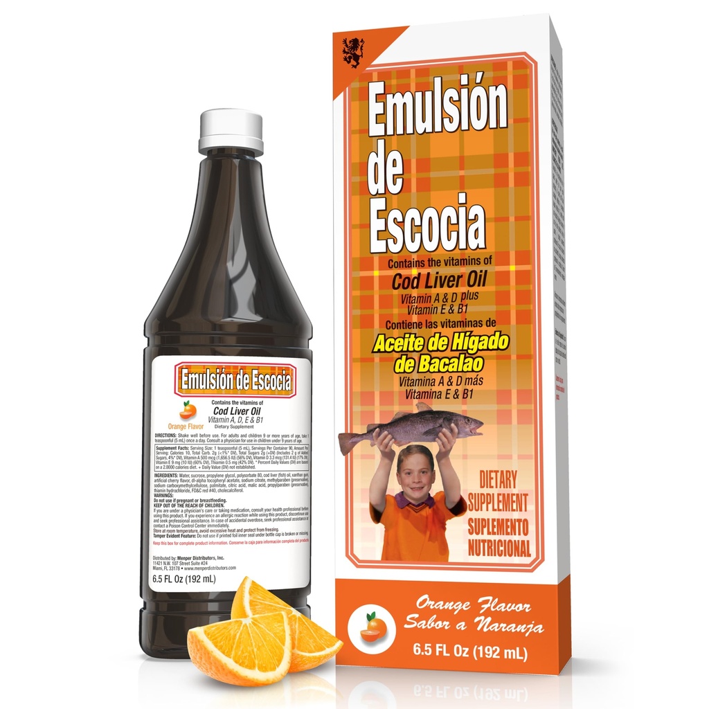 EMULSION DE ESCOCIA Cod olio di fegato, aroma d'arancia, 6.5 fl oz (1 pacchetto) – Olio di pesce con vitamine A, D, E, B1, Omega-3 per la salute immunitaria e ossa, bambini e adulti