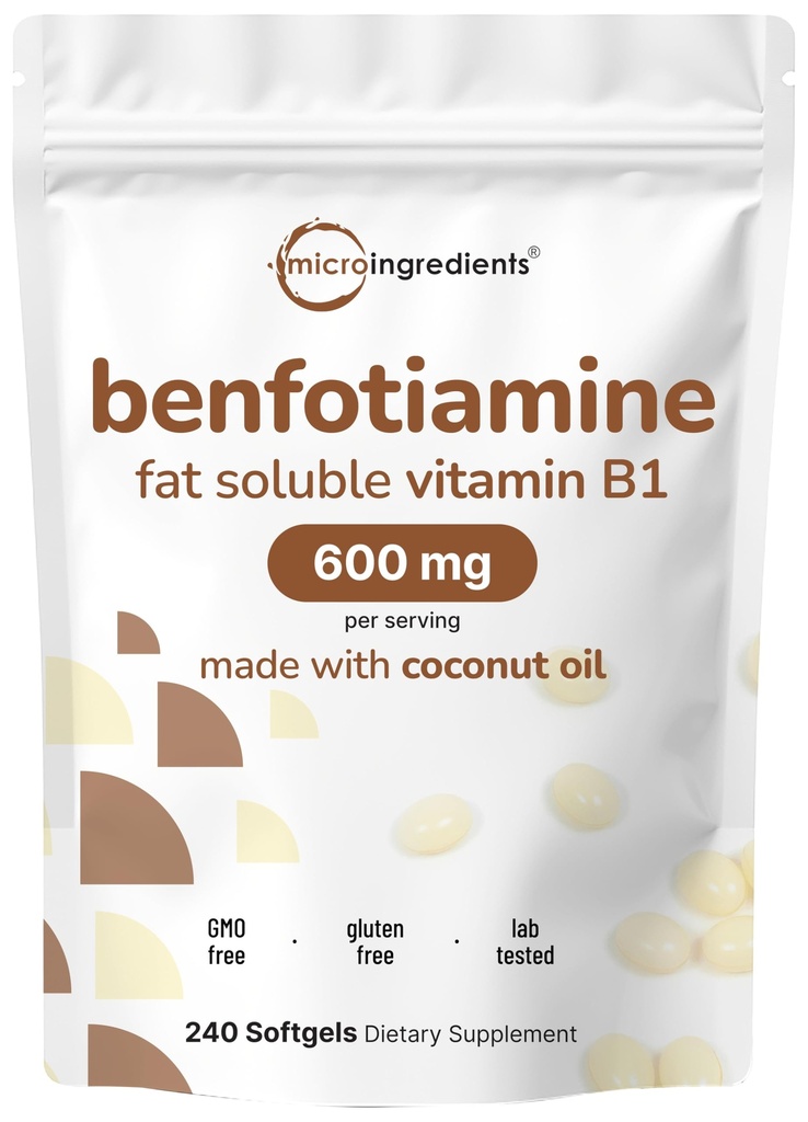 Micro Ingredienti Vitamina B1 Benfotiamine 600mg Per Serving, 240 Coconut Oil Softgels | Biodisponibile B Vitamine Supplemento, Convertito in Active Thiamine | Non OGM, Soy Free