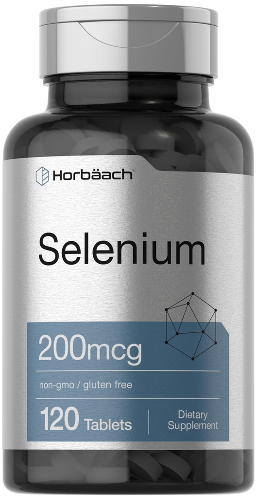 Horbäach Selenium Supplemento per donne e uomini | 200mcg | 120 compresse | come lievito di selenio | Vegetariano, Non OGM e Gluten Free