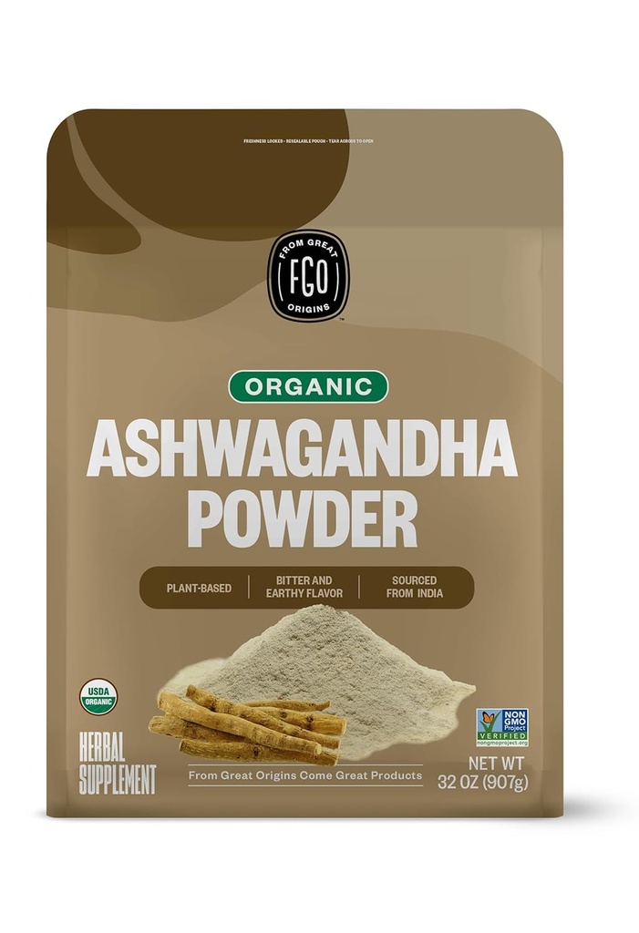 FGO Organic Ashwagandha Root Powder, 32oz Bulk Bag, Non-GMO, Indian Ginseng, Withania Somnifera, Fonte dall'India (Pack of 1)