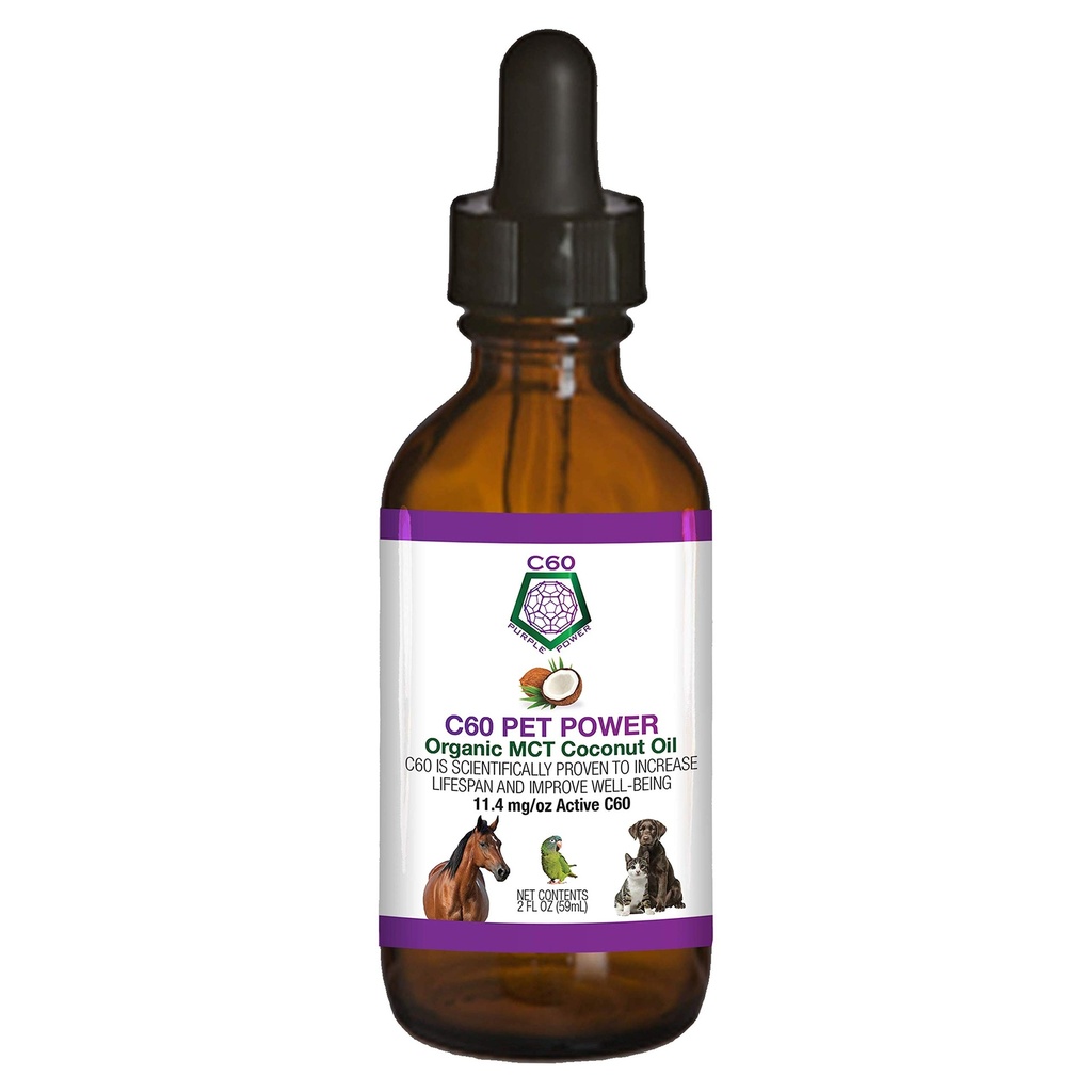C60 Potenza per gli animali domestici - C60 in Olio di cocco MCT biologico, supporto benessere naturale per cani e gatti, Fullerenes puro carbonio, promuove l'invecchiamento sano, energia, &amp; mobilità - 2 fl oz Bottiglia