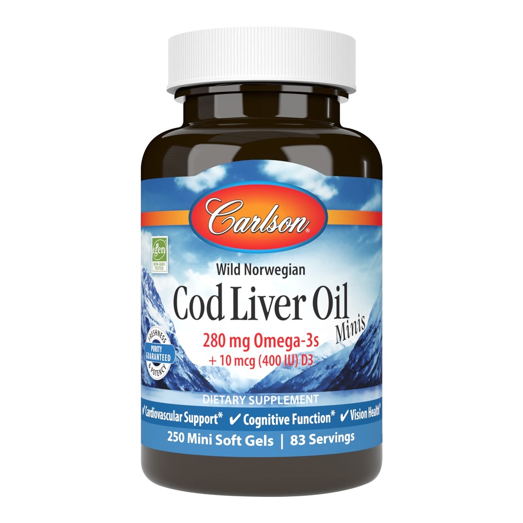 Carlson - Cod Liver Oil Minis, 280 mg Omega-3s + Vitamine A & D3, Heart Support & Cognitive Function, Vision Health, 250 Mini Soft Gel