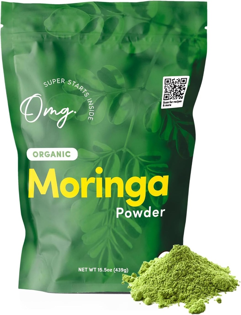OMG! Superfoods Organic Moringa Powder - 100% Pure, USDA Certified Organic - Buona Fonte di Calcio, Ferro, Vitamina A, Vitamina E & More! - 15.5 Ounces (1 Pacchetto)