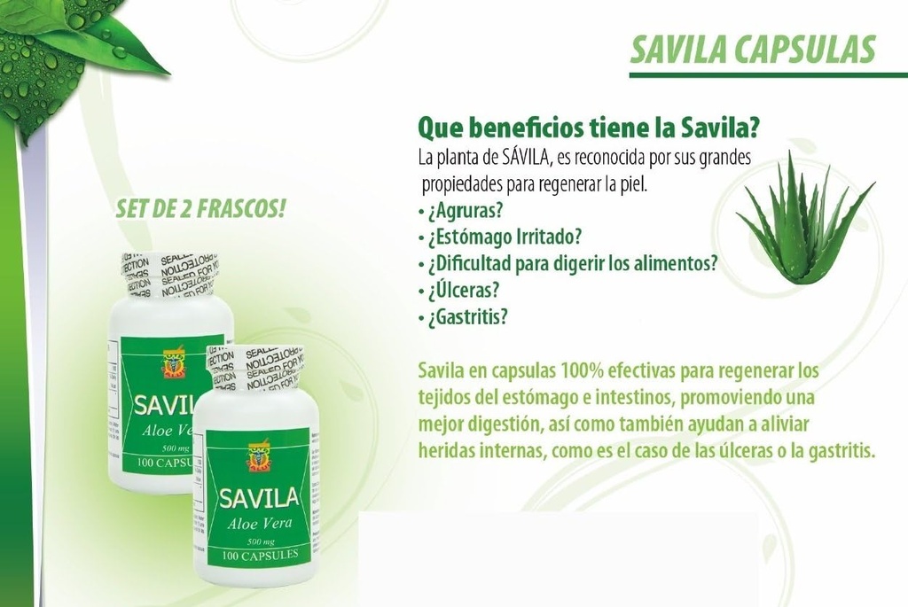 Nutrisalud Prodotti Capsulas de Savila, Aloe Vera capsule 500mg. Set de 2 frascos 100 capsule CADA uno.Efectivo Contra ulceras,agruras,mala Digestion,Colitis,estreñimiento. Dura mas de 3 Meses.