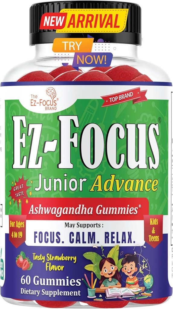 Junior Ashwagandha Gummies per bambini e adolescenti | Calm, Focus & Relax Support | Vegan, Non OGM, Basso Zucchero Strawberry Flavor Supplement | 60 Gummies