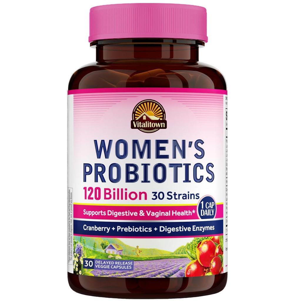 Vitalitown Probiotici per le donne 120 miliardi di CFU, 30 Strains, con Prebiotics & Digestive Enzymes & Cranberry, Gut & Vaginal Health, Vegan 30 Delayed Release Caps