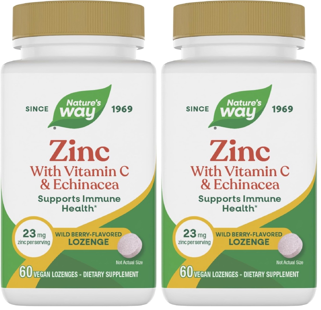 Lozenges di zinco di modo naturale con vitamina C & Echinacea, supporto immunitario*, aromatizzato alle bacche selvatiche, 60 Lozenges (pacchetto di 2)