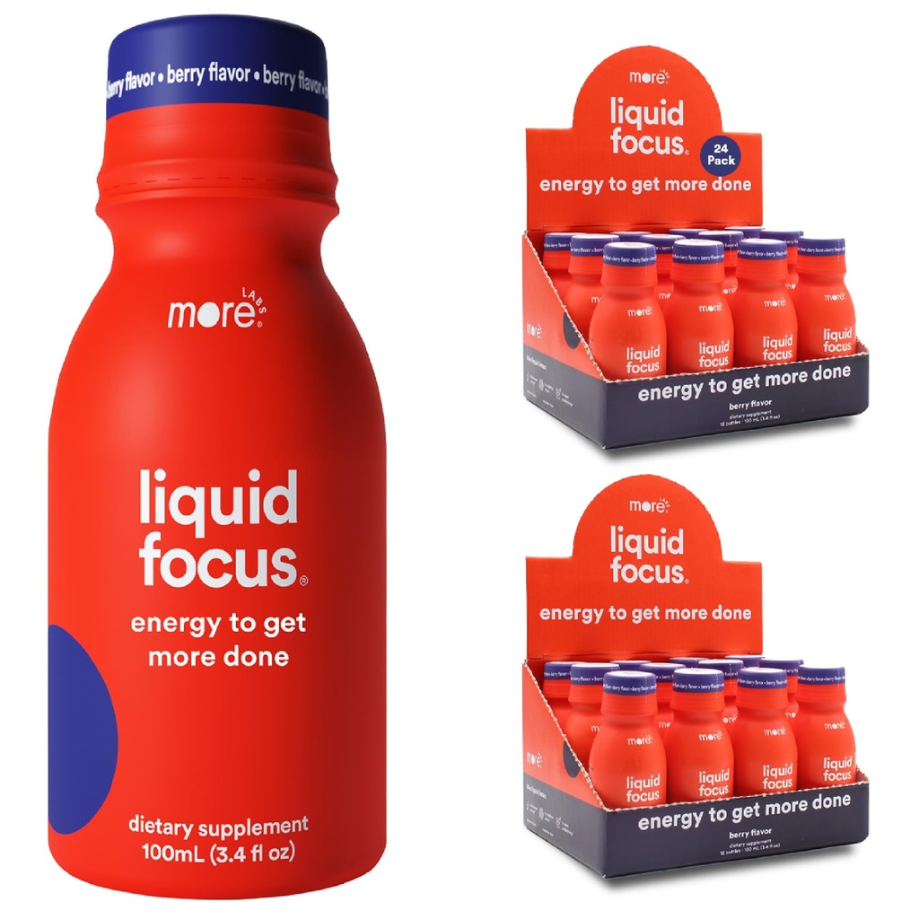 Più Labs Liquid Focus, Nootropic Smart Drink con Potenti Antiossidanti & Erbe adaptogene per Energia e Concentrazione, 150mg Caffeina (Pack of 24)