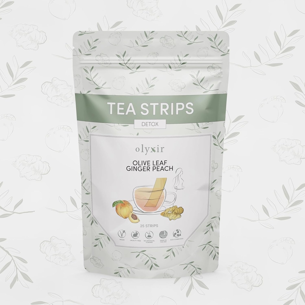 Olyxir Detox Tea Strips - Foglia di Oliva Naturale, Ginger, & Peach Flavors - Instant, Energizing, Organic, Paleo, Vegan, Non OGM | 25 Ct