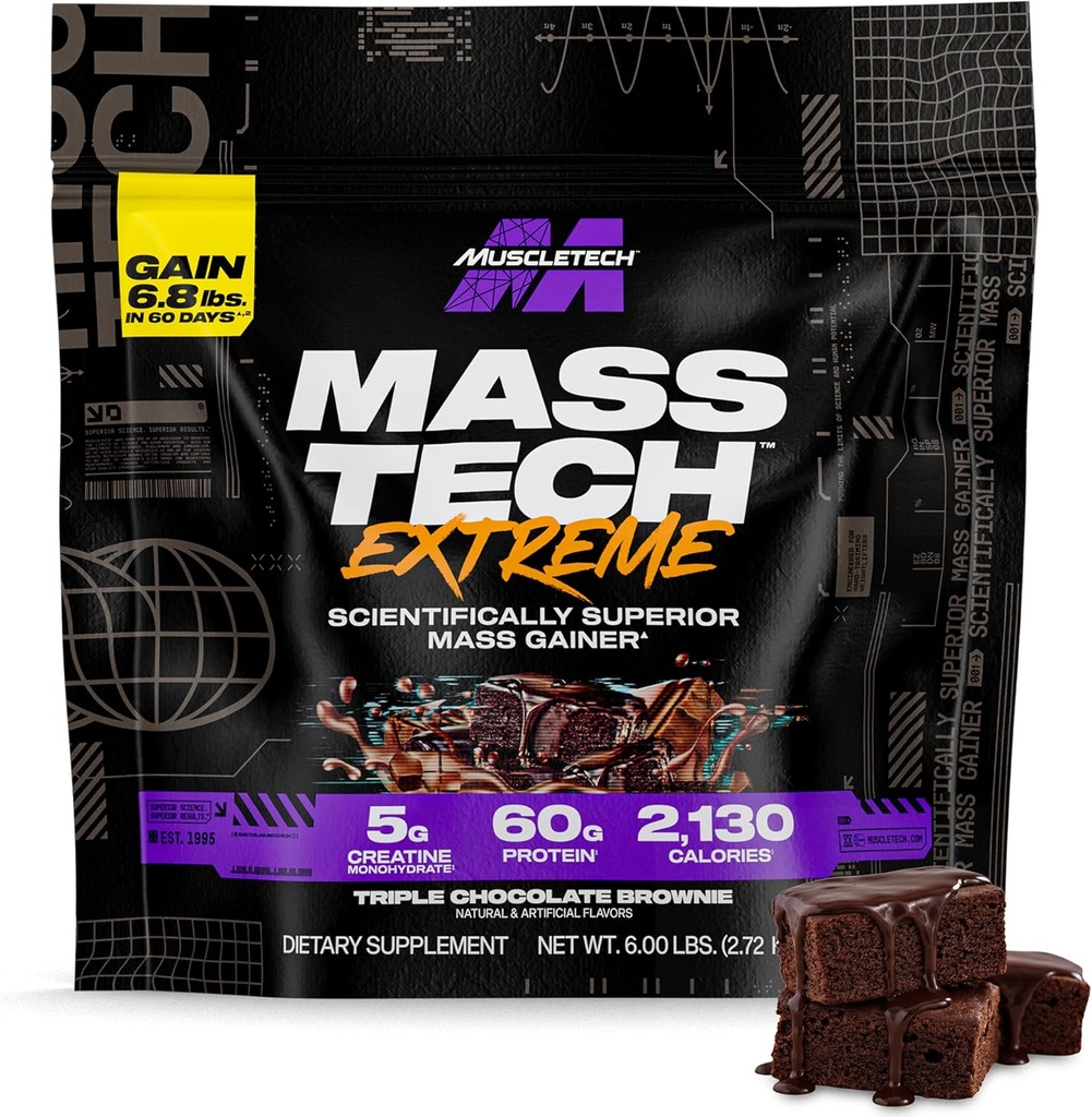 Muscletech High-Protein Mass Gainer (Triple Chocolate Brownie, 6LB) - Mass Tech Extreme 2000 Mass Gainer Protein Powder Supplement - Peso Gainer per aumentare il muscolo, recupero e resistenza