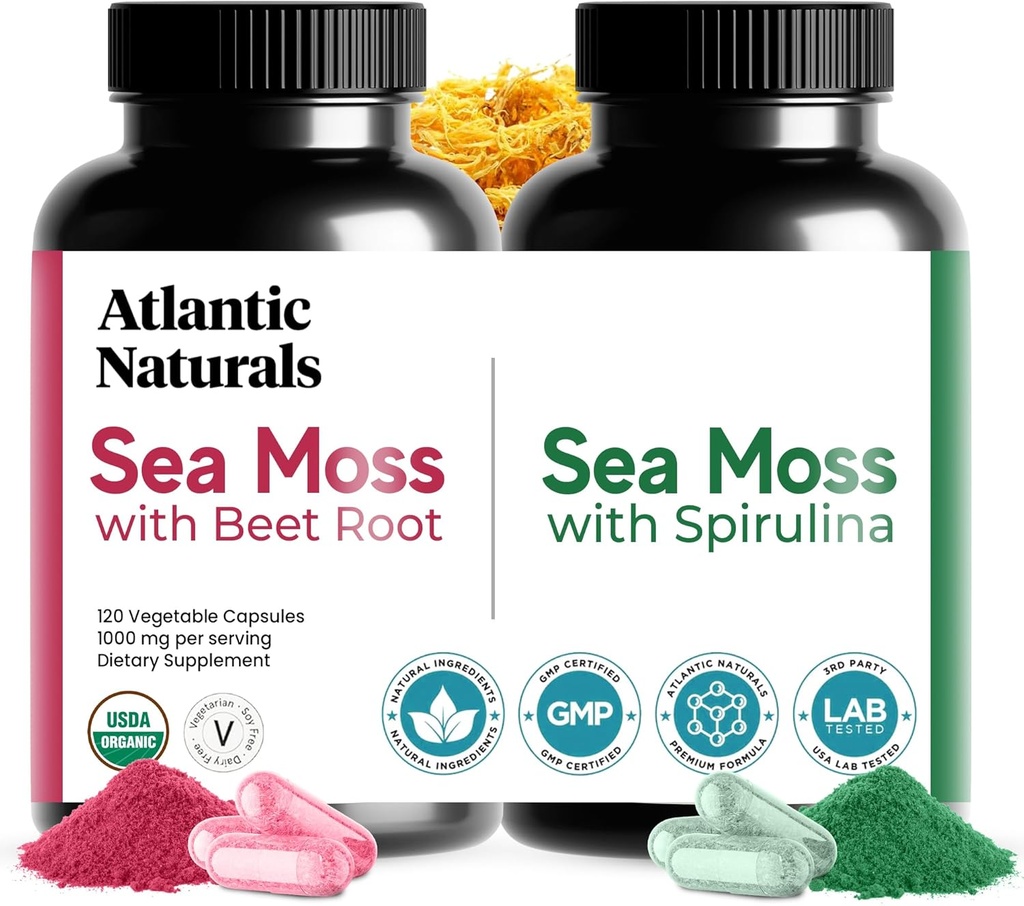 Atlantic Naturals Sea Moss Superfood Bundle - Sea Moss con Beet Root & Spirulina Capsule - Supporto Difesa, Flusso di Sangue, Joint Health & Iron - 240 Capsule (2 x 120 ct)