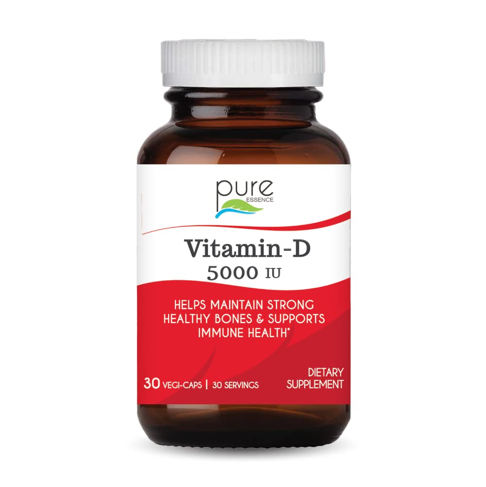 Pure Essence Labs Vitamina D - 5000 UI di Vitamina D da 100% Pure Cholecalciferol - 30 capsule vegetariane