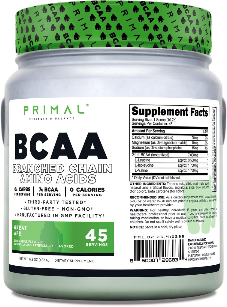 Primal BCAA Polvere Grande Ape (45 SERV) (Green mela aromatizzata) - 0 g Carbs, 0 Calorie, 7g BCAA Per Serve