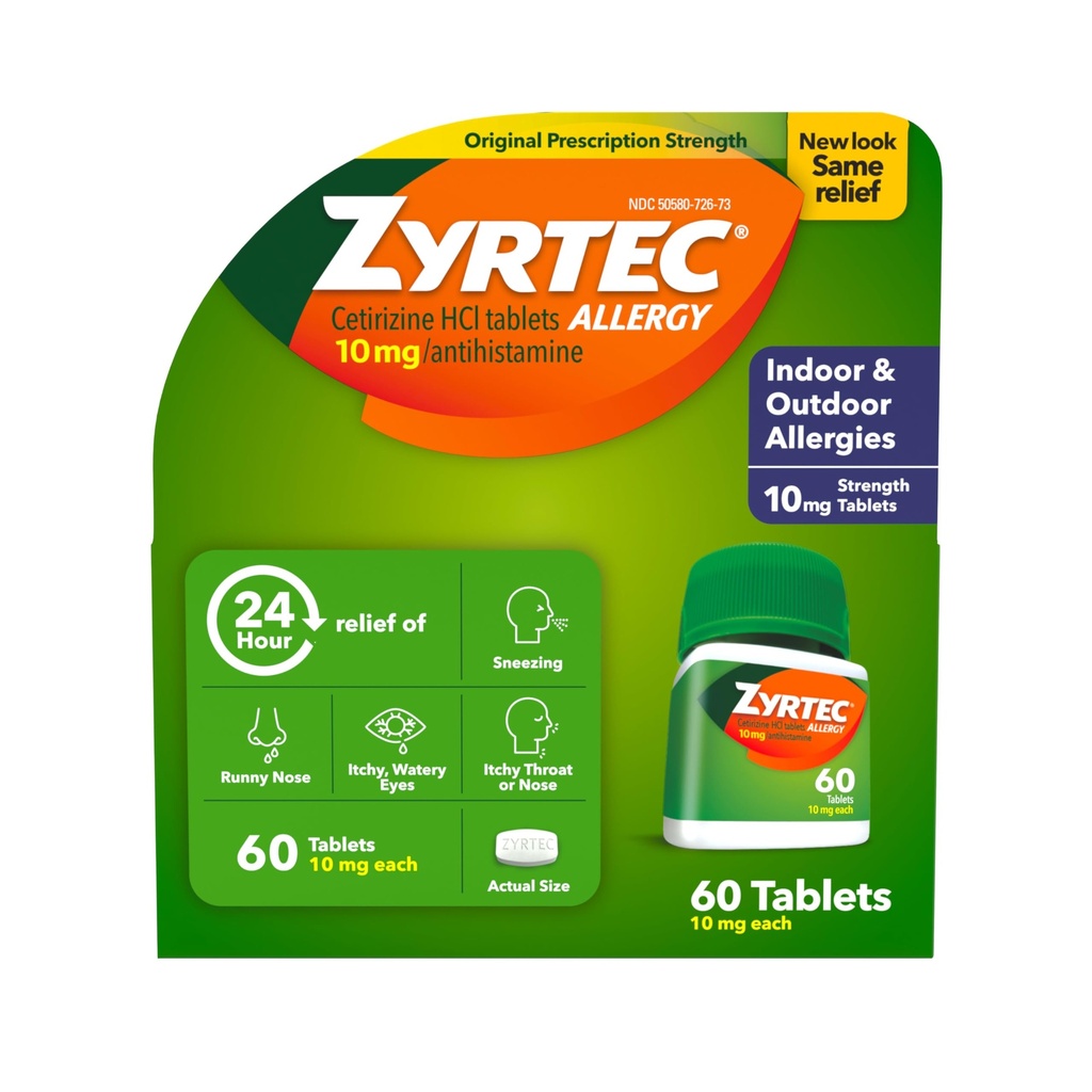 Zyrtec 24 ore Allergy Relief Tablets, Indoor & Outdoor Allergy Medicine con 10 mg Cetirizine HCl per Antihistamine Tablet, Rilievo di Allergies, 60 conteggio.