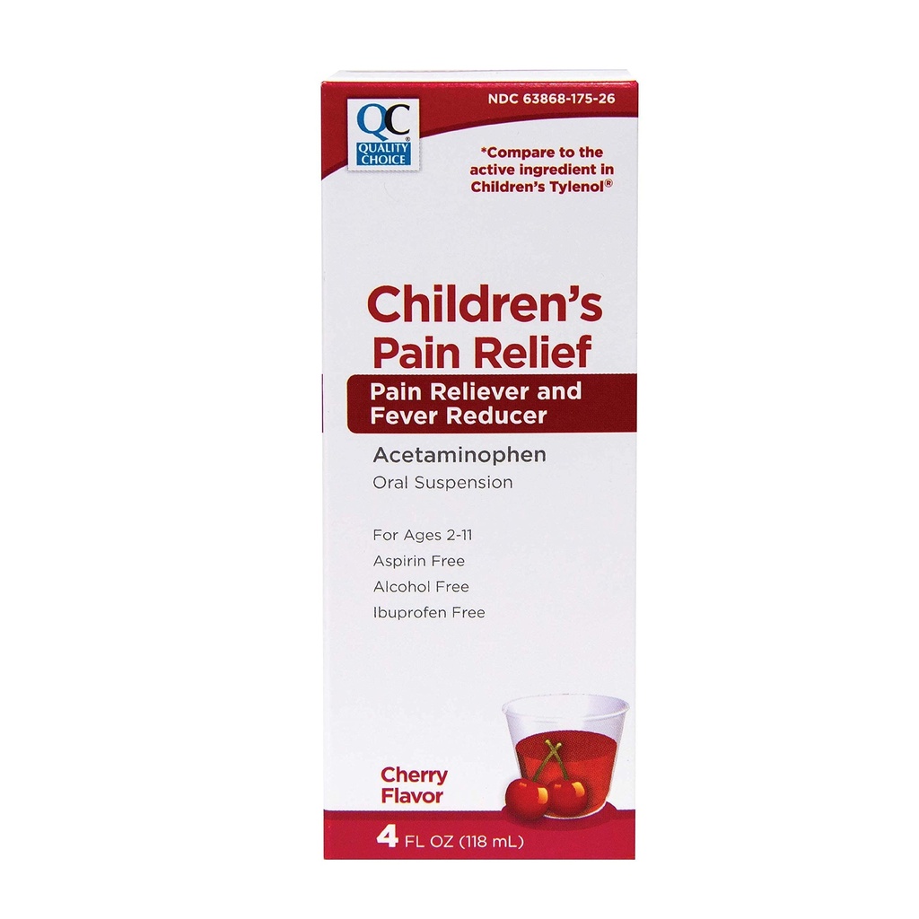 Riduttore di dolore per bambini di scelta di qualità per bambini, 4fl oz Acetaminophen 160mg per 5ml, Ibuprofene & Aspirin Free, Liquid Cold and Flu Medicine for Kids, Regolare resistenza OTC