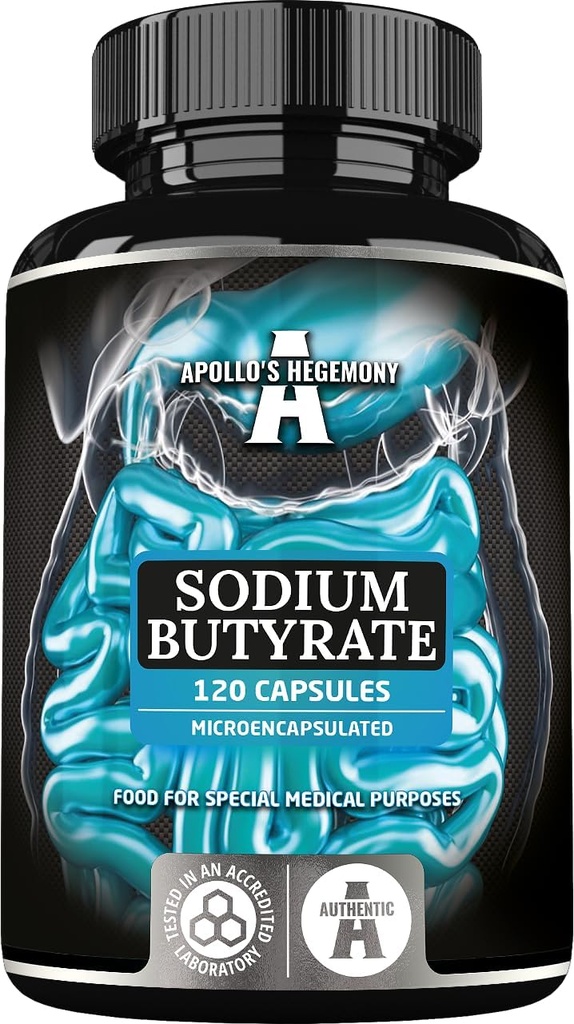 Sodio Butyrate ad alta dose 570 mg (30% acido butirico), 120 capsule vegane, 4 mesi di alimentazione, supplemento di sodio per sostenere la rigenerazione intestinale del barrier e la salute del fegato superiore - da Apollo's Hegemony