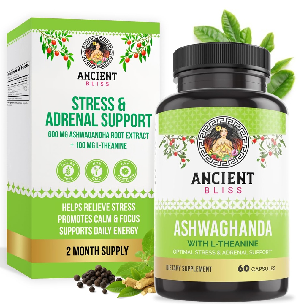 Antica beatitudine Ashwagandha con L-teanina & Black Pepper Extract Capsules, Energy & Natural Mood Support Supplement, Focus Supplement per Adulti