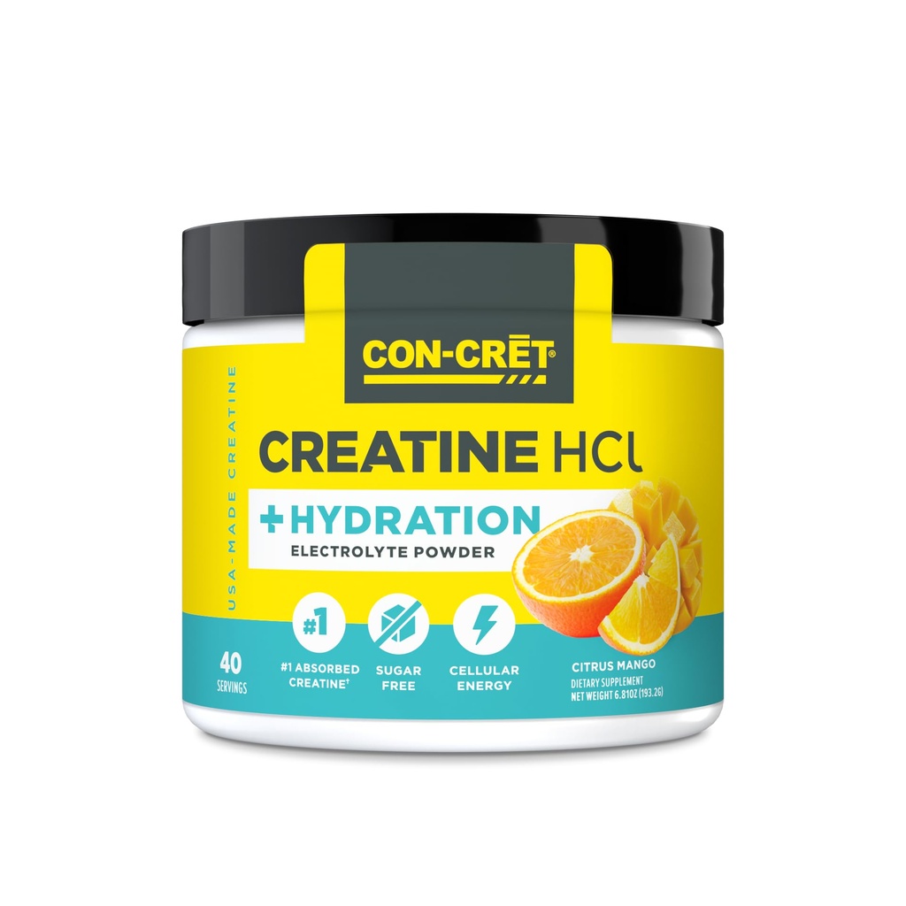 CON-CRET Creatina HCl + Hydration | Elettrolita Powder Tub | Citrus Mango | Elettroliti senza zucchero | Formula di riidratazione w Potassium, Sodio, Zinco, Magnesio a Hydrate & Recover (40 serv)