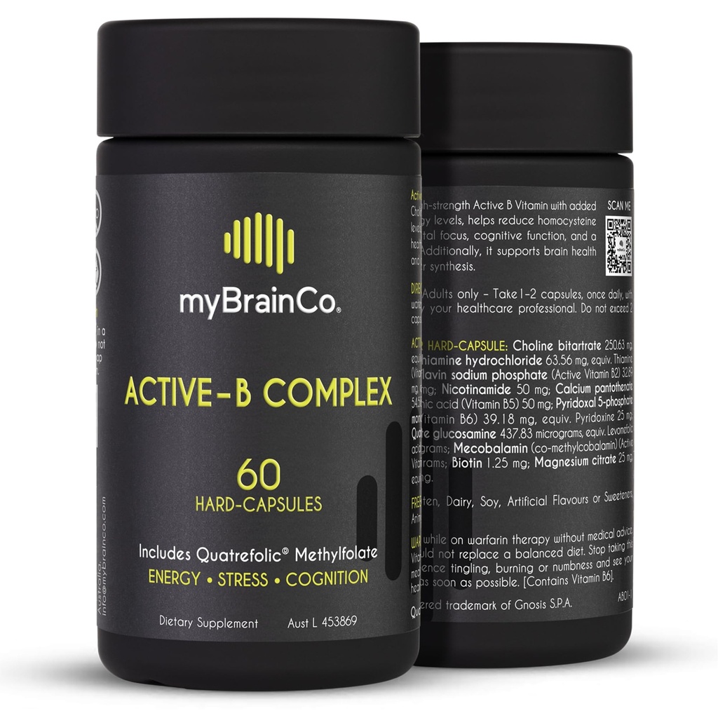 myBrainCo. Active-B Complex – Integratore di vitamina B attivato ad alta resistenza con B2, B6, B12 & Methyl Folate – Supporta l'energia, la funzione cerebrale e il sistema nervoso – 60 Vege-Capsules