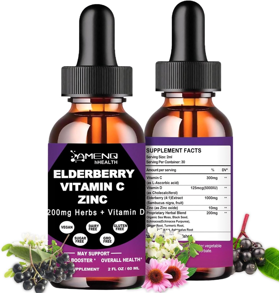 Syrup di sambuco organico, gocce liquide vitamina C e zinco di sambuco per gli adulti, 11-in-1 Sambucus Black Elderberry Tintura w/ Vitamina D3, Sea Moss Black Seed, supplemento di supporto immunitario di sambuco
