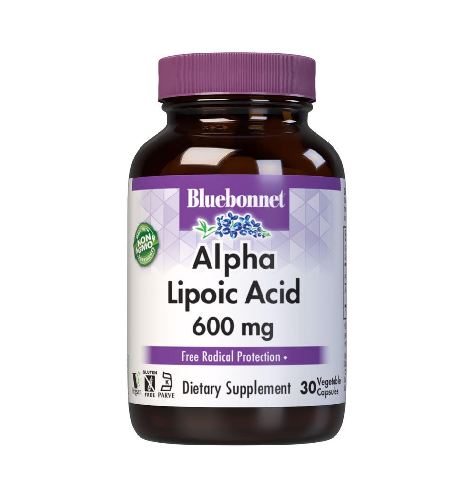 BlueBonnet acido lipoico alfa 600mg - potente antiossidante Nerve supplemento di sostegno per le donne e gli uomini - non OGM, Vegan, Kosher - senza glutine, senza soia, senza latticini - 60 capsule vegetali