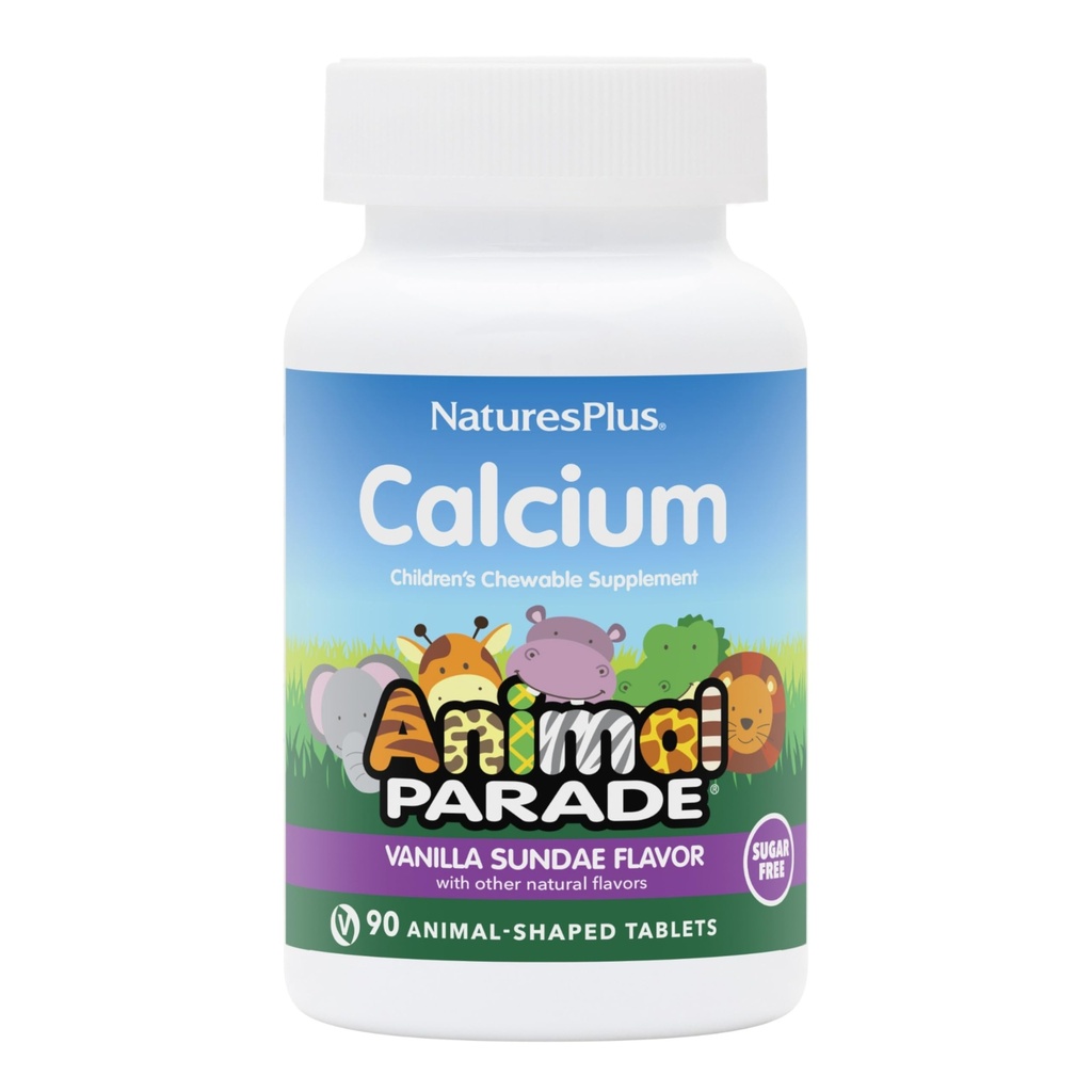 NaturesPlus Animal Parade Zucchero-Free Calcium per bambini, Vanilla Sundae Flavor - 90 compresse a forma di animale masticabile - Magnesio per la salute del chiodo - Gluten Free - 45 Serve