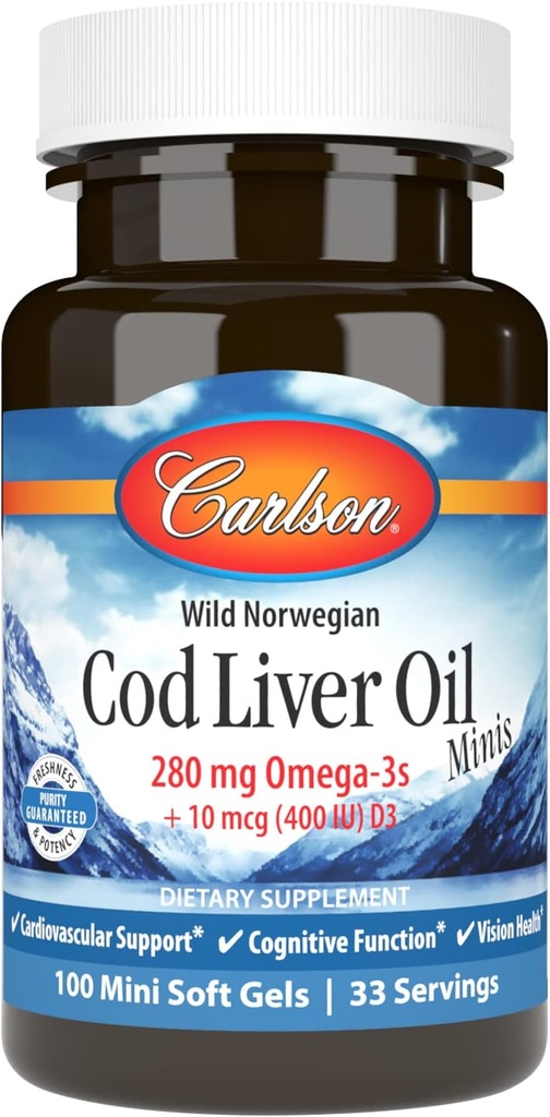 Carlson - Cod Liver Oil Minis, 280 mg Omega-3s + Vitamine A e D3, Norwegian, Wild Caught, Sostenibilmente Sourced, 100 Mini Softgels