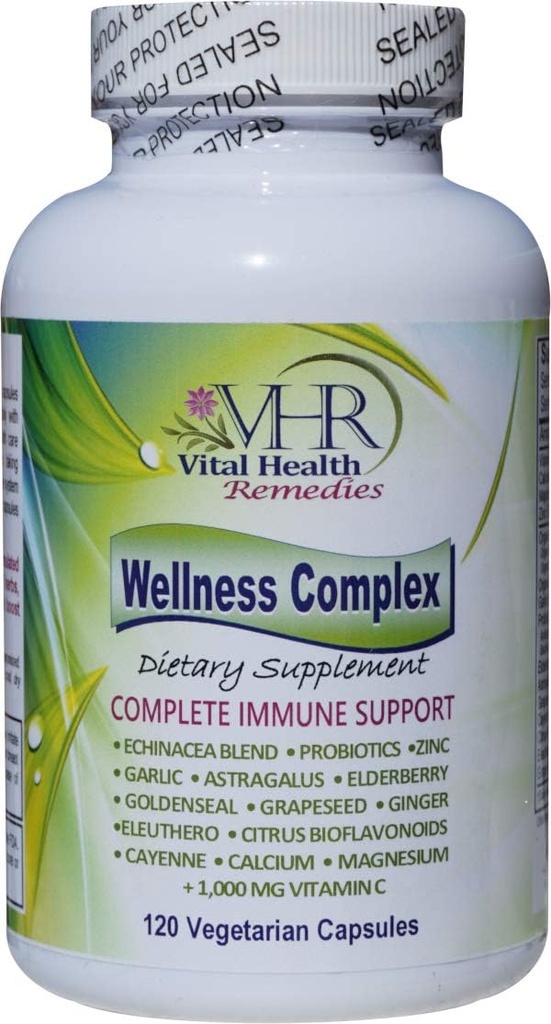 VHR Wellness Complex Immune Boosting Formula con Echinacea, Goldenseal, Aglio, Probiotici, Elderberry, Astragalus, Grapeseed, Cayenne, Bioflavonoidi, Eleuthero, Ginger, VIT. C, Zinc. 120 tappi Veg