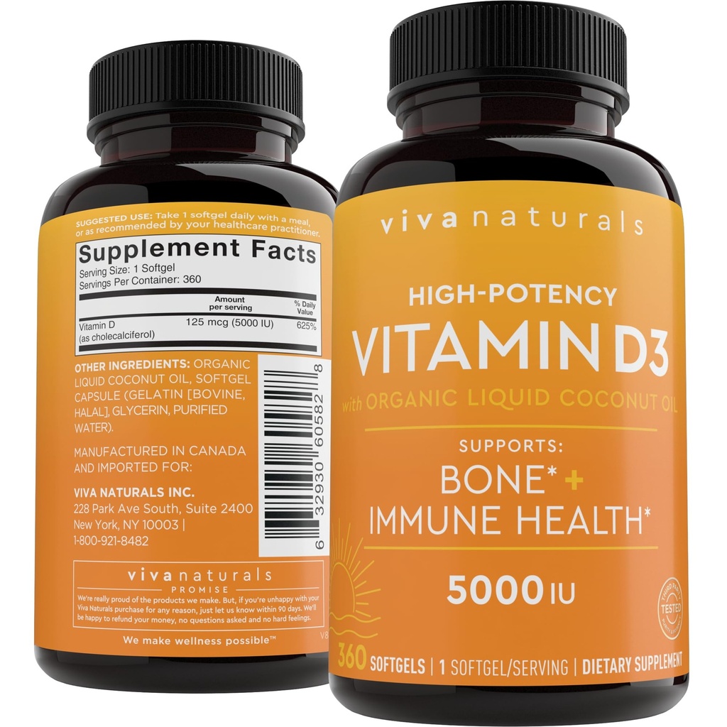 Viva Naturals Vitamina D3 5000 IU Softgels, 360 Count (125 mcg), Supporta la Salute Bone & Immune, Alta Potenza Vitamina D