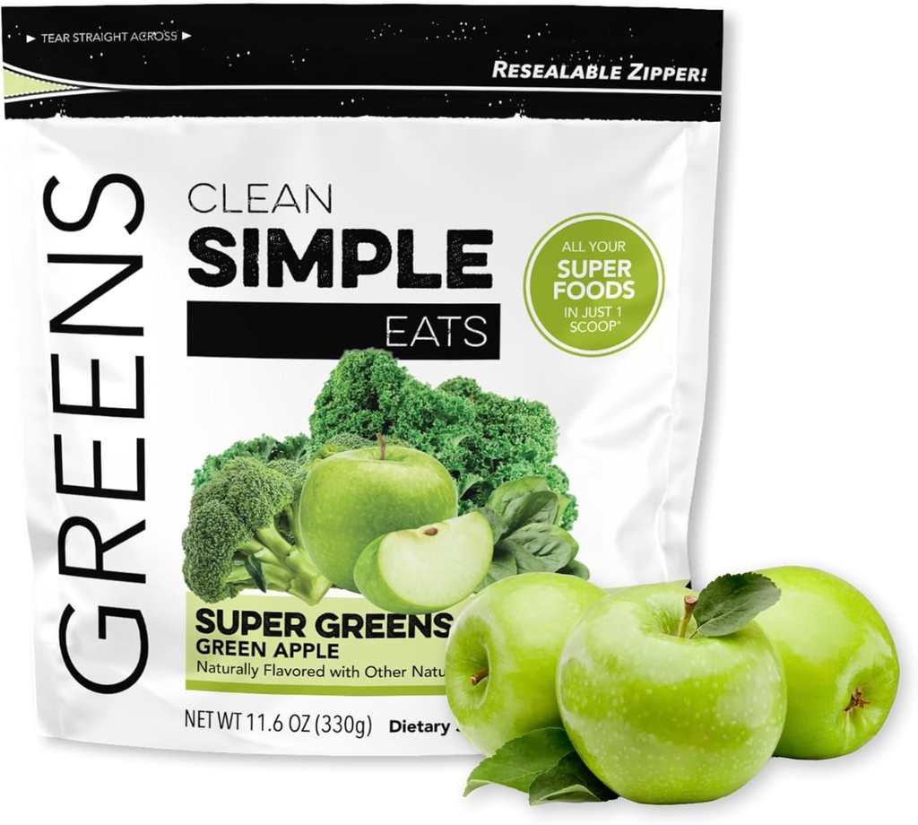 Polvere di Super Greens, Polvere di Greens aromatizzata naturale con clorella, Spirulina, Superfoods & Fibra prebiotica, senza ingredienti artificiali, senza glutine, aroma di mela verde, 30 porzioni