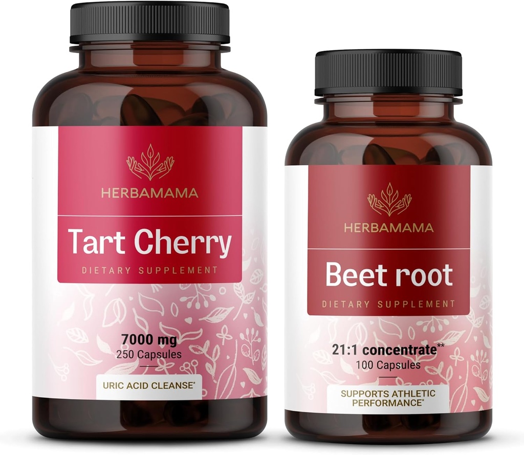 HERBAMAMA Tart Cherry and Beet Root Kit - Bundle of 7000 mg Tart Cherry & 21:1 Concentrate Beet Root Capsules - Vegan, Non-GMO, Gelatin-Free - 2 Pack