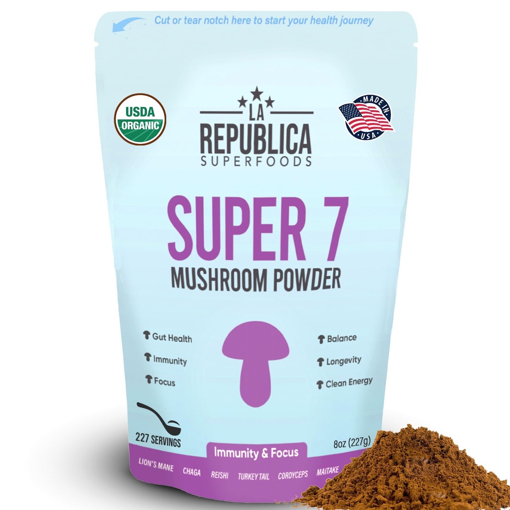 La Republica Superfood Super 7 polvere di estratto di funghi, comprende Mane del leone, Reishi, Chaga, Cordyceps, Shiitake, Maitake e Tail della Turchia (8 oz)