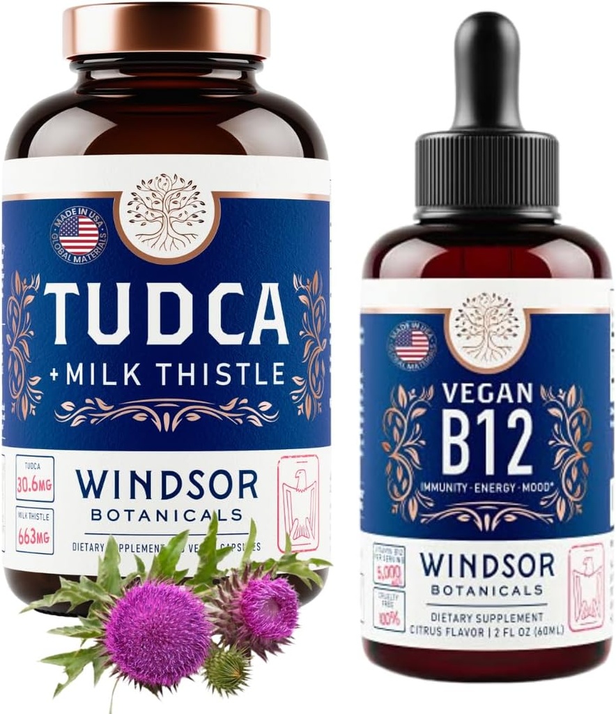 WINDSOR BOTANICALs Tudca con cardo di latte di Silymarin e liquido di vitamina B12 Vegan - supporto sanitario Bundle