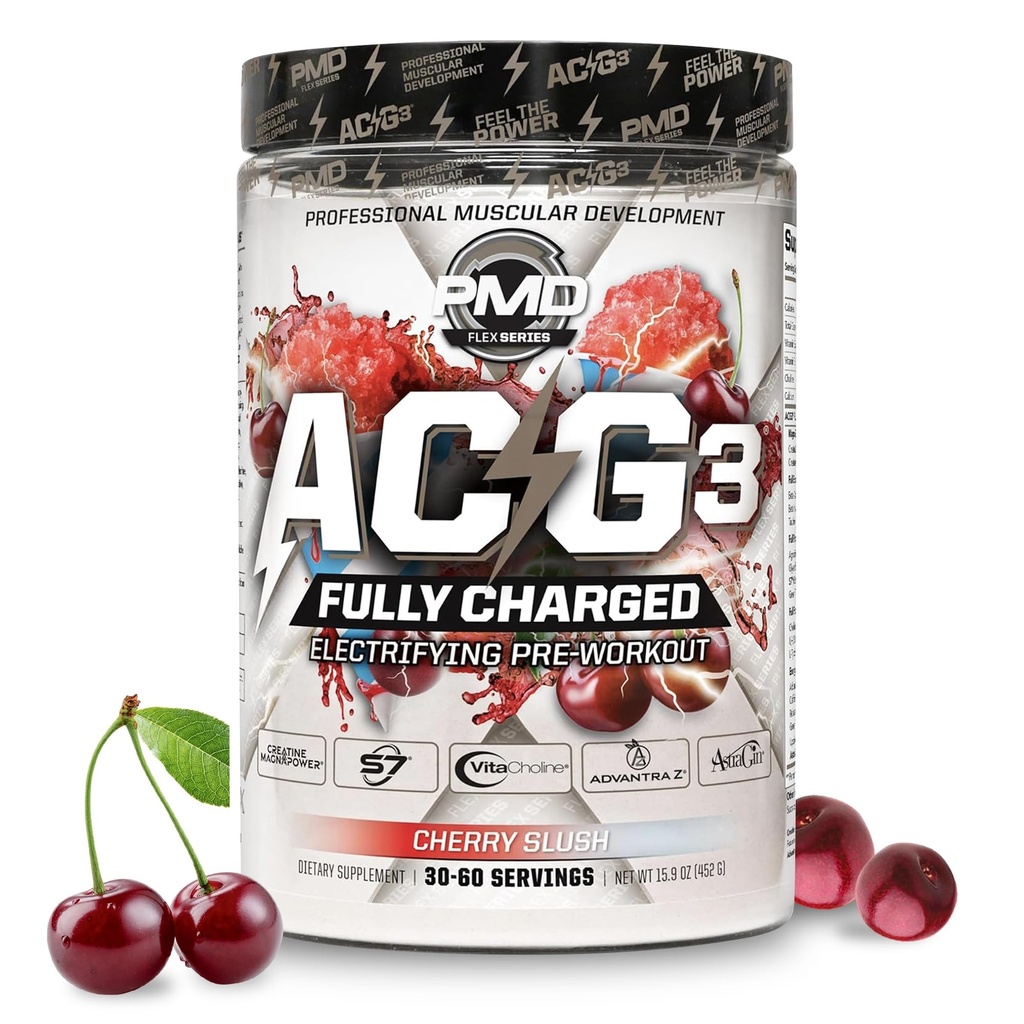 PMD Sport ACG3 Completamente Carico - Elettrizzante Polvere Pre Workout - Alta Energia & Pompa Pre Workout per Uomini e Donne per Massimizzare Focus, Endurance & Performance - Slush Ciliegia (30-60 Serve)