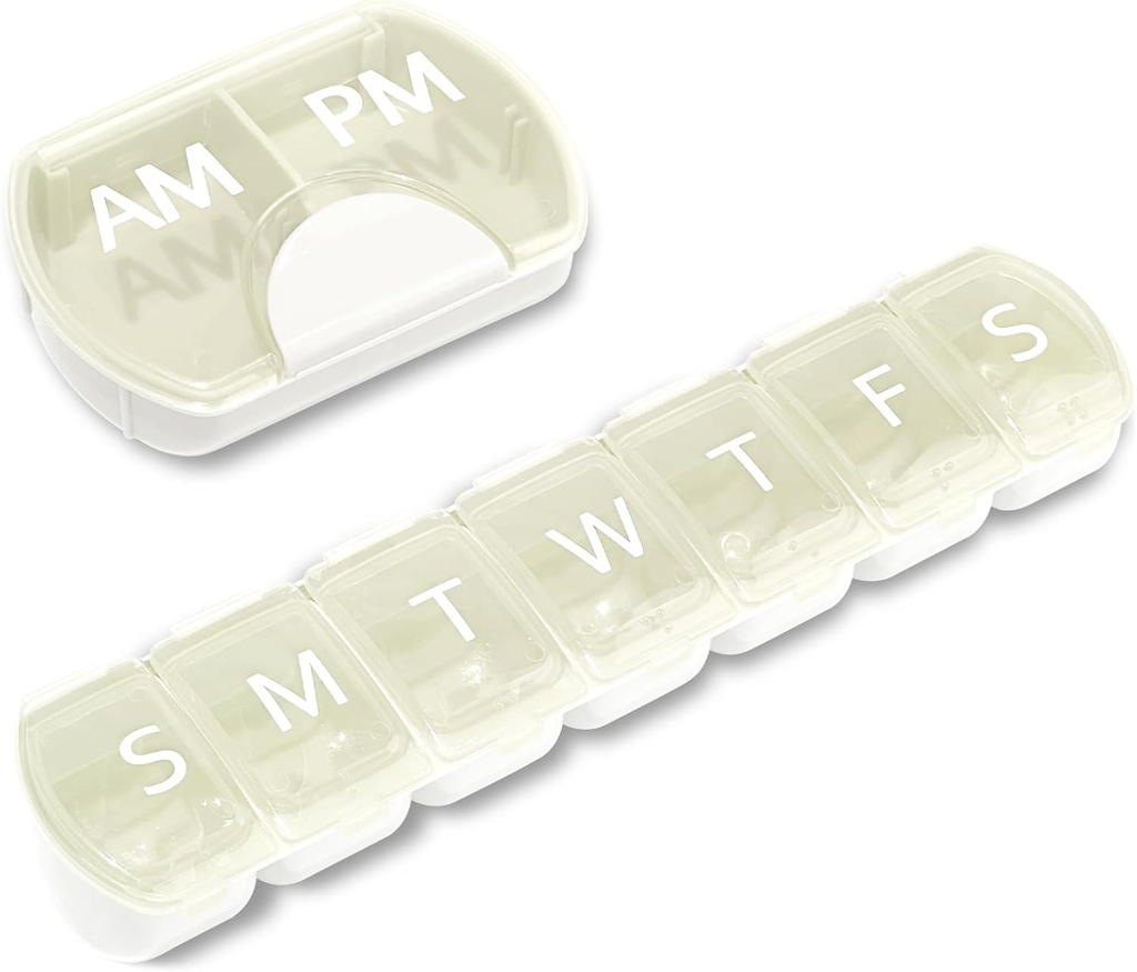 2 Pack (Weekly & Daily), 2 volte al giorno (AM/PM) + 7-Day Pill Organizer, Vitamin Planner, Large Capacity Pill Box Set, Travel Pill Case for Medicine/Vitamins/Fish Oils/Supplements, Bianco