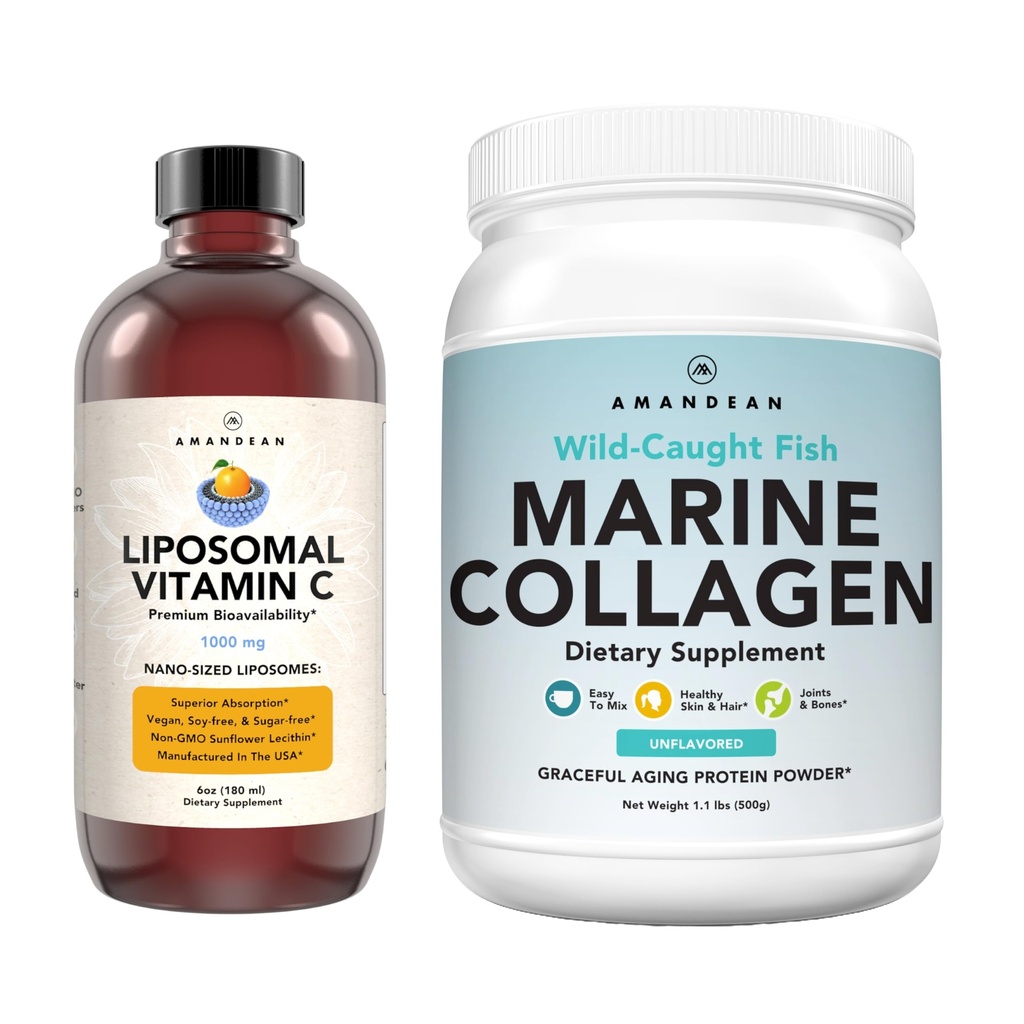 Polvere di collagene marino + vitamina C - pelle perfetta da dentro Combo. Peptidi di Pesce di Cod, Liposomal VIT C Liquid 1000mg. Aumentare la produzione e la sintesi per l'invecchiamento sano, bellezza, benessere.