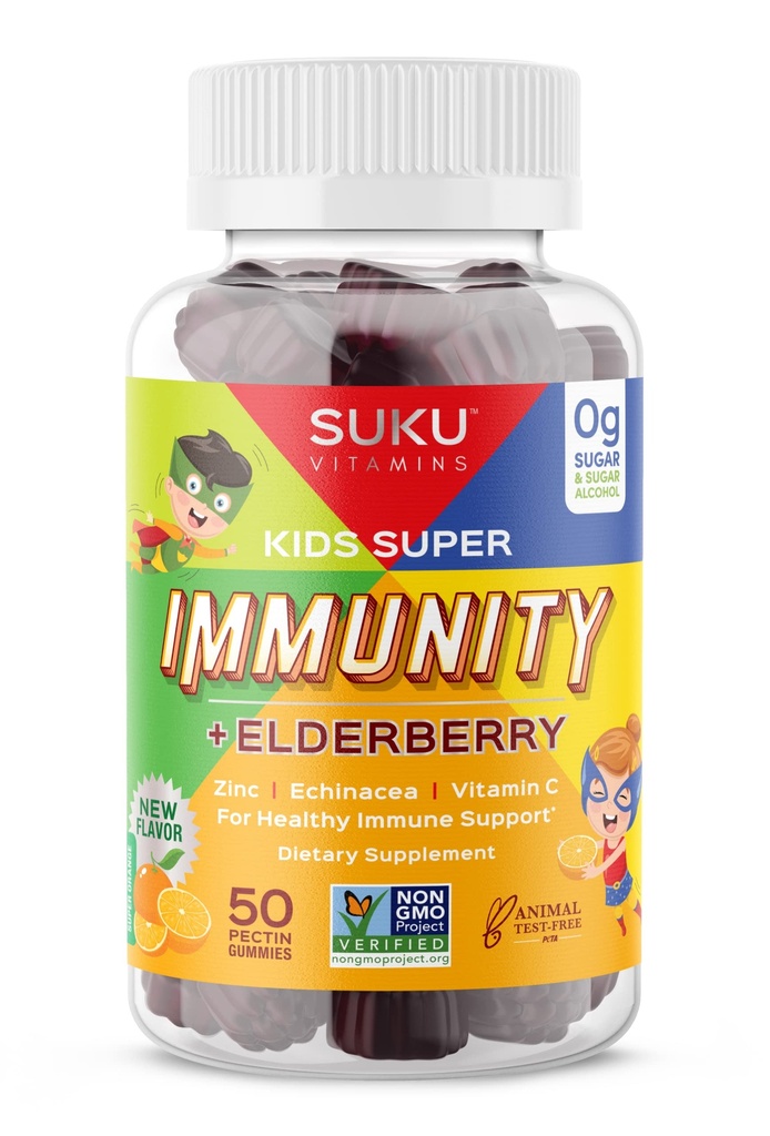 Vitamine SUKU - Kids Super Immunity - Elderberry, Echinacea, Vitamina A e Zinc Gummies per Supporto Immune - Facile da cucire - Non OGM, Gluten Sugar Free - Vitamine di Gomma di Melograno, 50 Conte