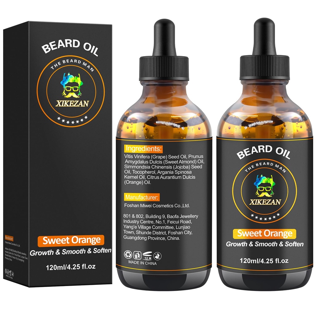 Olio di barba, 120ml/4.25fl.oz Olio Promuovere la crescita del cuscinetto di grande volume,Lasciare in Condizionatore Cuscinetto Cura Naturale Dolce Arancione Mustaches Crescita Ammorbidisce la forza,Gift per gli uomini Lui Papà