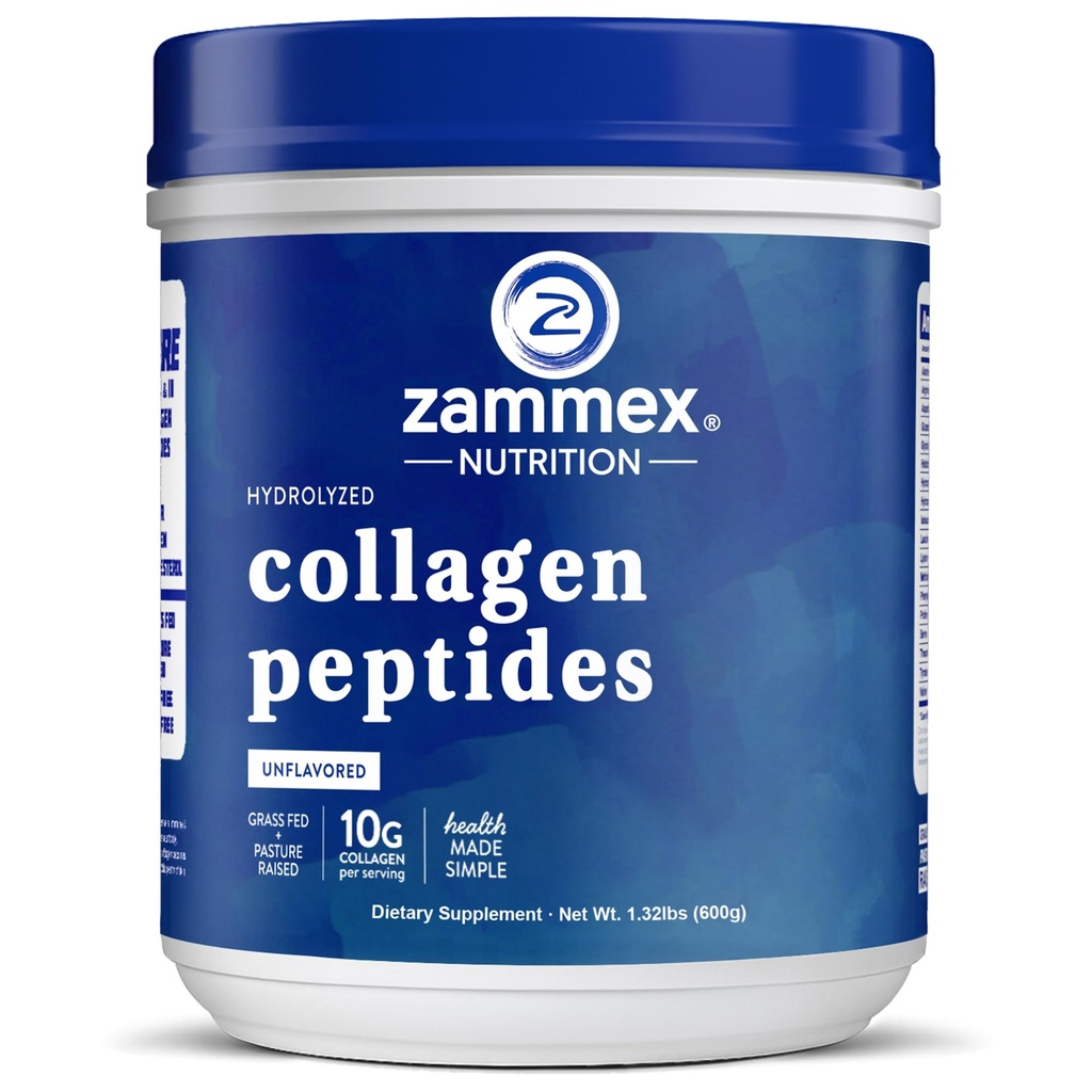 Zammex Premium Collagen Peptides Polvere non aromatizzata, Proteine idrolizzate Tipi I & III, Supporta capelli, Pelle, Unghie, Giunti, Grass Fed, Non OGM, Senza Glutine,Paleo & Keto Friendly, 60 Serve