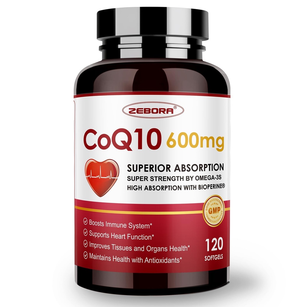 ZEBORA CoQ10-600mg-Softgels - Coenzima ad alta resistenza Q10 con PQQ, Omega-3 & BioPerine - CoQ10 ad alto assorbimento Antiossidante (Ubiquinone) per la salute e la produzione di energia del cuore, 120 Softgels