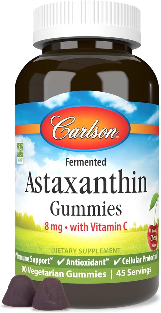 Carlson - Astaxanthin Gummies, con vitamina C, supporto immunitario, antiossidante, salute del cuore, non OGM, Cherry Flavor, 90 Gummies vegetariani