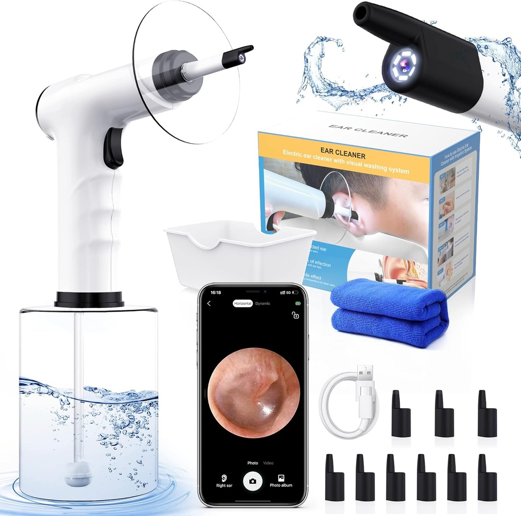 Ear Wax rimozione, Ear Cleaning Kit, Water Powered Ear Cleaner con 3 modalità di pressione 12 Suggerimenti di ricambio, Ear Irrigation Flushing System, Sicuro ed Efficace Ear Wax Removal Tool (nero)