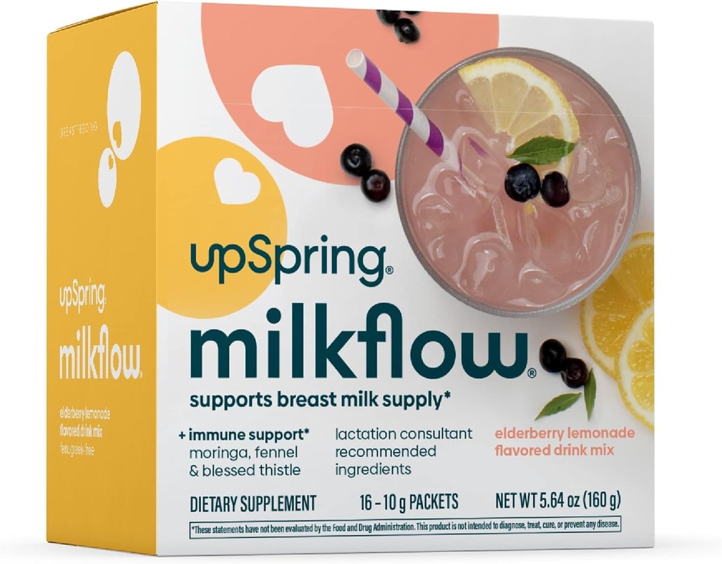UpSpring Milkflow Immune Support Breastfeeding Supplement Drink Mix Fenugreek-Free, Moringa Elderberry Lemonade Flavor, Lactation Supplement to Support Breast Milk Supply, 16 Mixes
