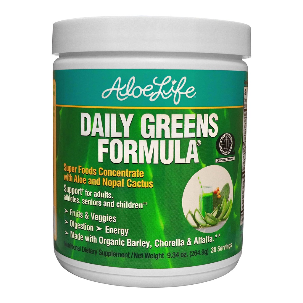 Aloe Life - Polvere di Verdi giornalieri, QAI-Certified Organic Health Supplement, Antiossidanti, 21 Frutti, verdure, & Erbe Compreso Aloe & Nopal Cactus, Bassa Calore, Keto-Friendly, senza glutine (30 Serve)