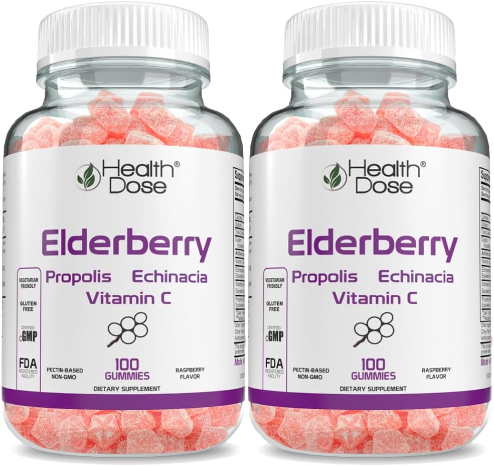 Sanità Dose Elderberry Sambucus Gummy Vitamins Kids 100 Gummies. con Estratto di Propolis, Echinacea, Vitamina C, Yummy Raspberry Flavor, Vegan, Gluten-Free, Difesa, Sostegno immunitario Booster. Confezione da 2