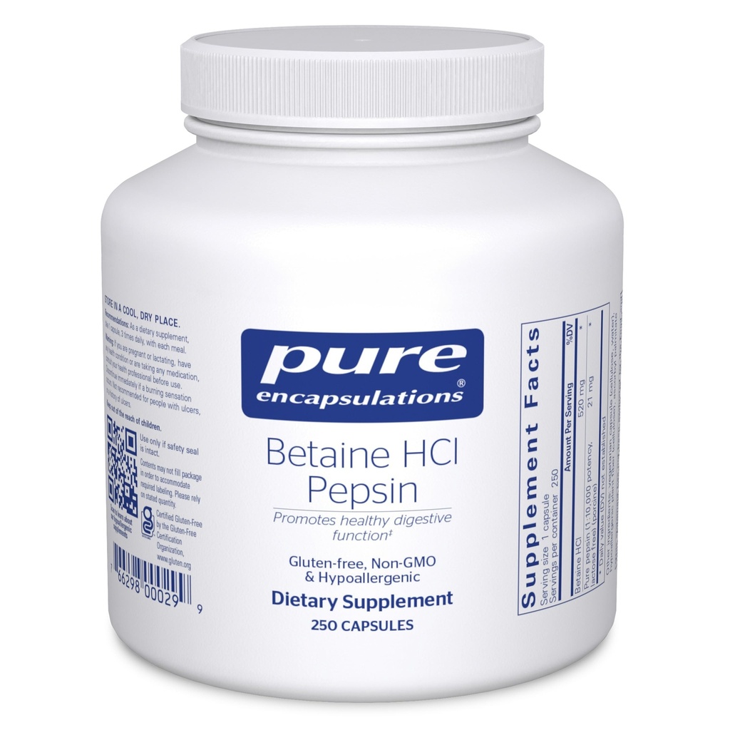 Pure Encapsulations Betaine HCl Pepsin - Integratore di enzimi digestivi per l'aiuto alla digestione e il supporto, acido di stomach e assorbimento nutriente* - con Betaine HCl Pepsin - 250 capsule