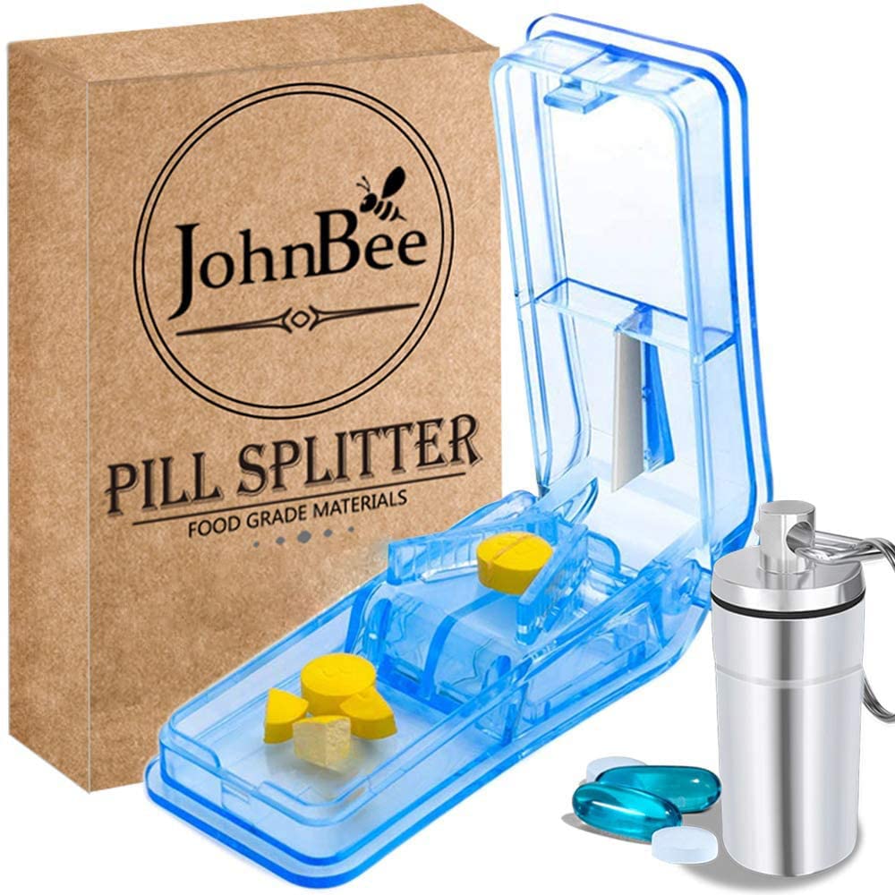 JohnBee Pill Cutter | Best Pill Cutter for Small o Large Pills | Progettato in the USA| Cuts Vitamins | Include Keychain Pill Holder (Blue)