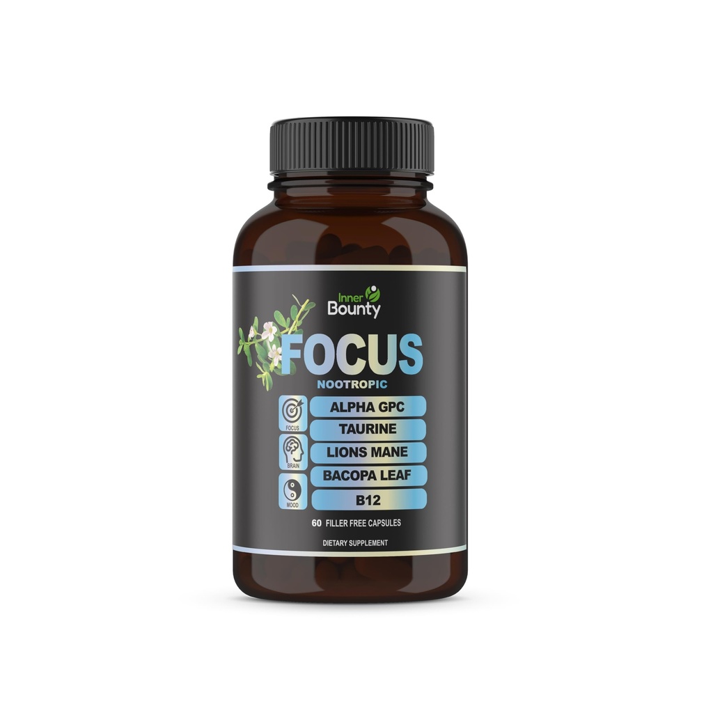 Focus 14-in-1 Nootropic Brain Supplemento con Lions Mane, Alpha GPC Choline, Vitamina C & B12, Taurine, Bacopa - Energia, Cognitivo, Supporto Memoria, 60 Filler Free Capsule