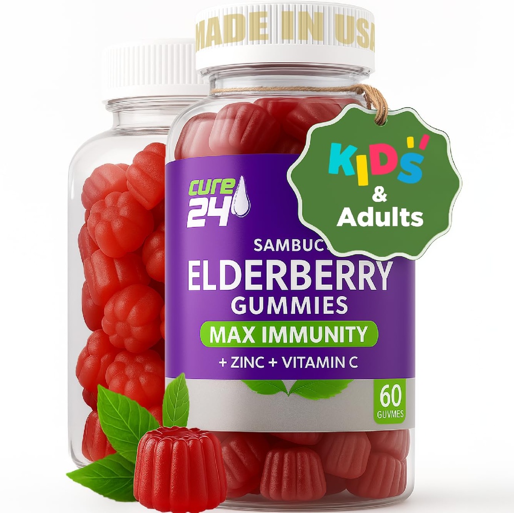 Sambucus Elderberry Gummies + Vitamina C + Zinco per Bambini & Adulti, X3 Supporto Immune, Sapori Naturali + Ingredienti, Vegan, Non OGM, Made in USA (60)